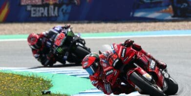 A view of the racers involved in the Spanish MotoGP, some of which were riding with lower tyre pressures in an attempt to get the front tyre to behave.