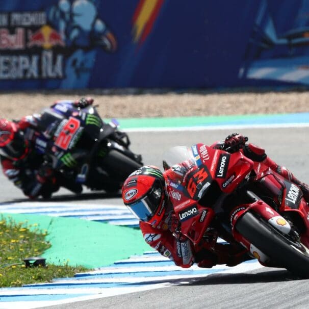 A view of the racers involved in the Spanish MotoGP, some of which were riding with lower tyre pressures in an attempt to get the front tyre to behave.