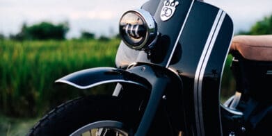 A view of the Honda Cub custom built by Deus Ex Machina Custom Bike Shop