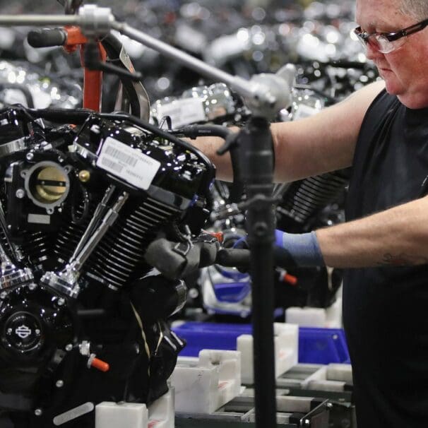 A view of Harley-Davidson bikes made in connection with plants in New York and Pennsylvania.