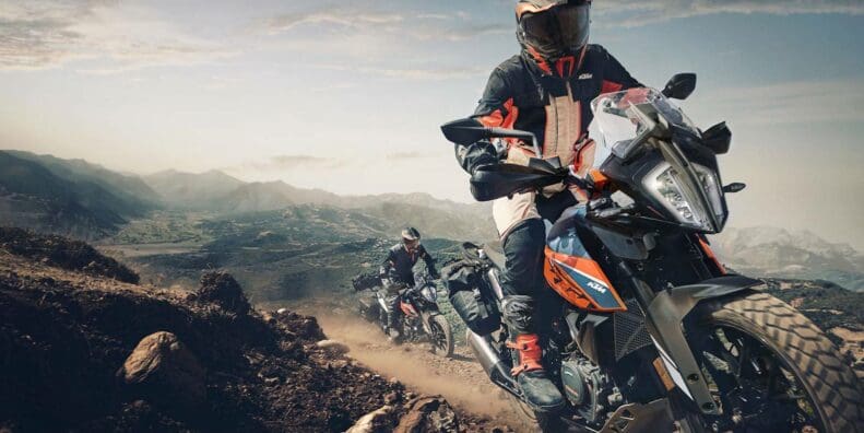 A view of KTM ADVENTURE-inclined motorcycle in the bid for a 1,000km challenge in the 2022 KTM World Adventure Week