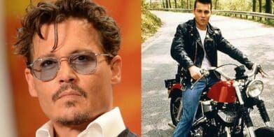 Johnny Depp against a picture of character 'Wade' on his motorcycle in the hit flick "Crybaby" (1990)