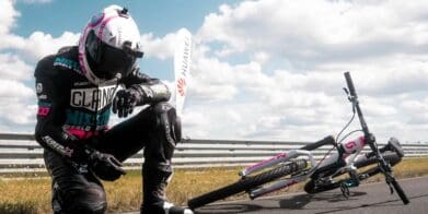 Elias Schwärzler and Geri Gesslbauer cracking the Guiness World Record for 'fastest ever standard bicycle towed by a motorbike.' Media sourced from Elias's Facebook.