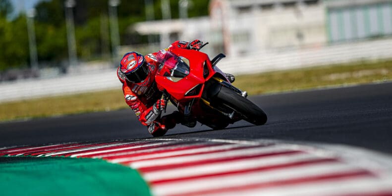 Ducati's Panigale V4S on a racetrack. Photo courtesy of VisorDown.