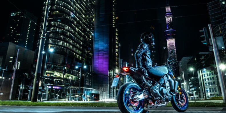 A motorcyclist enjoying night life. Media sourced from Yamaha Motors.