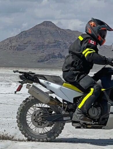 Jim riding a Husqvarna Norden 901 on the Bonneville Salt Flats using Motoz Tractionator Rallz tires.