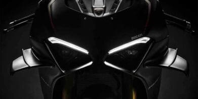 A frontal view of the iconic Ducati head fairing. Media sourced from RideApart.