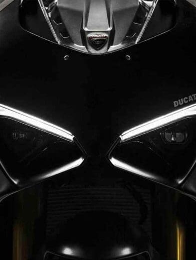 A frontal view of the iconic Ducati head fairing. Media sourced from RideApart.