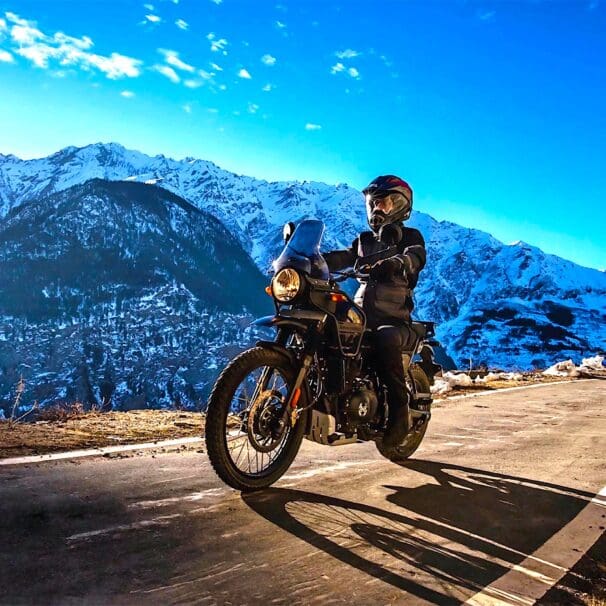 A Royal Enfield Himalayan rider in gorgeous topography. Media sourced from Motorbiscuit.