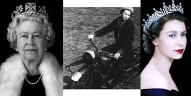 The late Queen Elizabeth the Second, pictured in more modern times, in her youth on a motorcycle, and in her initial days as queen. Media sourced from BBC, GlobalNewswire, and Bike Sales.