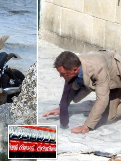 Daniel Craig in his mind-boggling wall jump, which involved 8,400 gallons of coca cola. Media sourced from Daily Mail.