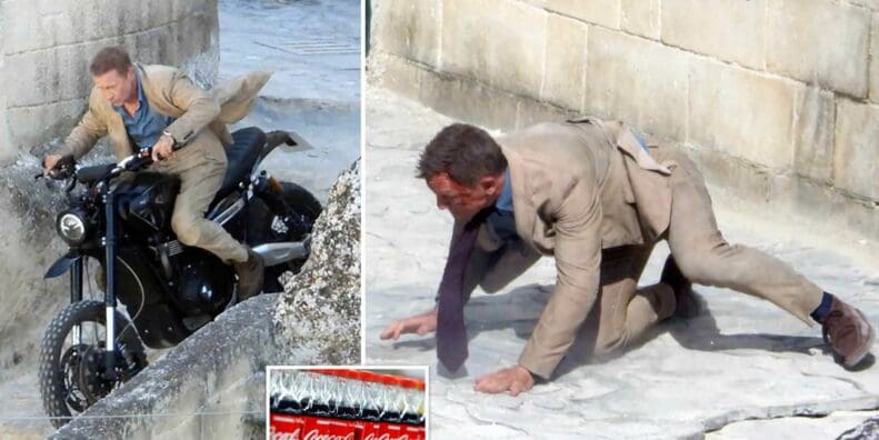 Daniel Craig in his mind-boggling wall jump, which involved 8,400 gallons of coca cola. Media sourced from Daily Mail.