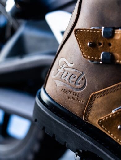 Close-up of Fuel Dust Devil Boot worn by author while riding motorcycle