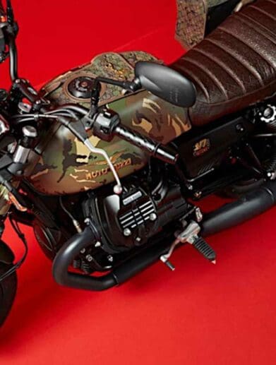 The Palace Gucci Moto Guzzi V7 Stone Limited Edition, created in collaboration with Gucci and Palace Skateboards. Media sourced from RideApart.