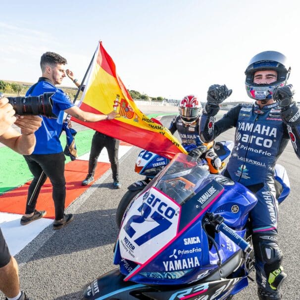 Alvaro Diaz, a Yamaha racer and bLU cRU graduate, after winning the 2022 FIM Supersport 300 World Championship. Media sourced from Yamaha Racing.