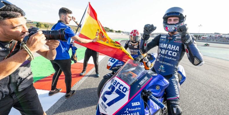 Alvaro Diaz, a Yamaha racer and bLU cRU graduate, after winning the 2022 FIM Supersport 300 World Championship. Media sourced from Yamaha Racing.