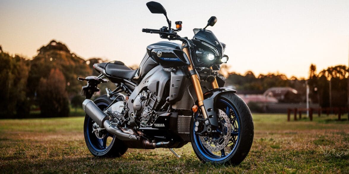 Yamaha 2022 MT-10 SP motorcycle at dusk in a park