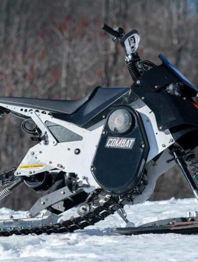 Dayak's Combat e-bike; an electric motorcycle that can swap tires out for skis and tracks. Media sourced from Daymak.