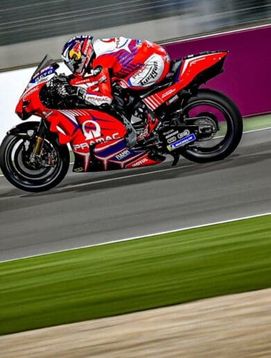 A Ducati MotoGP bike doing what it does best. Media sourced from MotoGP.