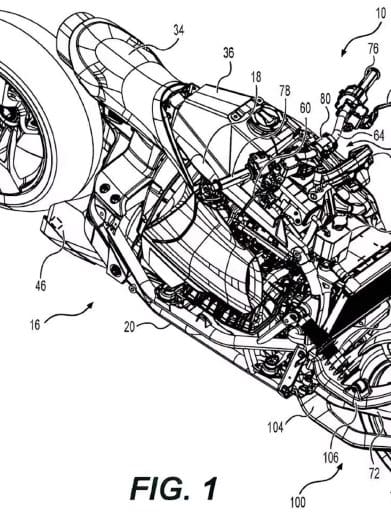 Patent images showing a hub-steering ICE bike underway in BRP's headquarters. Media sourced from CycleWorld.