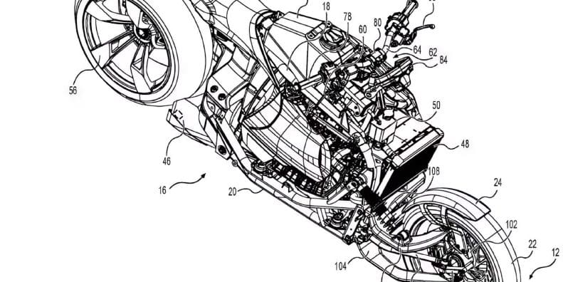 Patent images showing a hub-steering ICE bike underway in BRP's headquarters. Media sourced from CycleWorld.