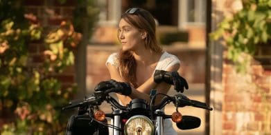 A female motorcyclists contemplating the meaning of life. Media sourced from Visordown.