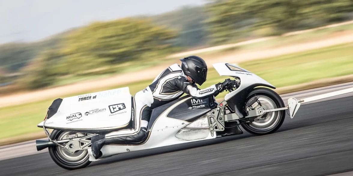 A view of Graham Sykes' "Force of Nature," currently the record holder for "World's Fastest Steam-Propelled Motorcycle." Media sourced from This Is Gizmodo Australia.