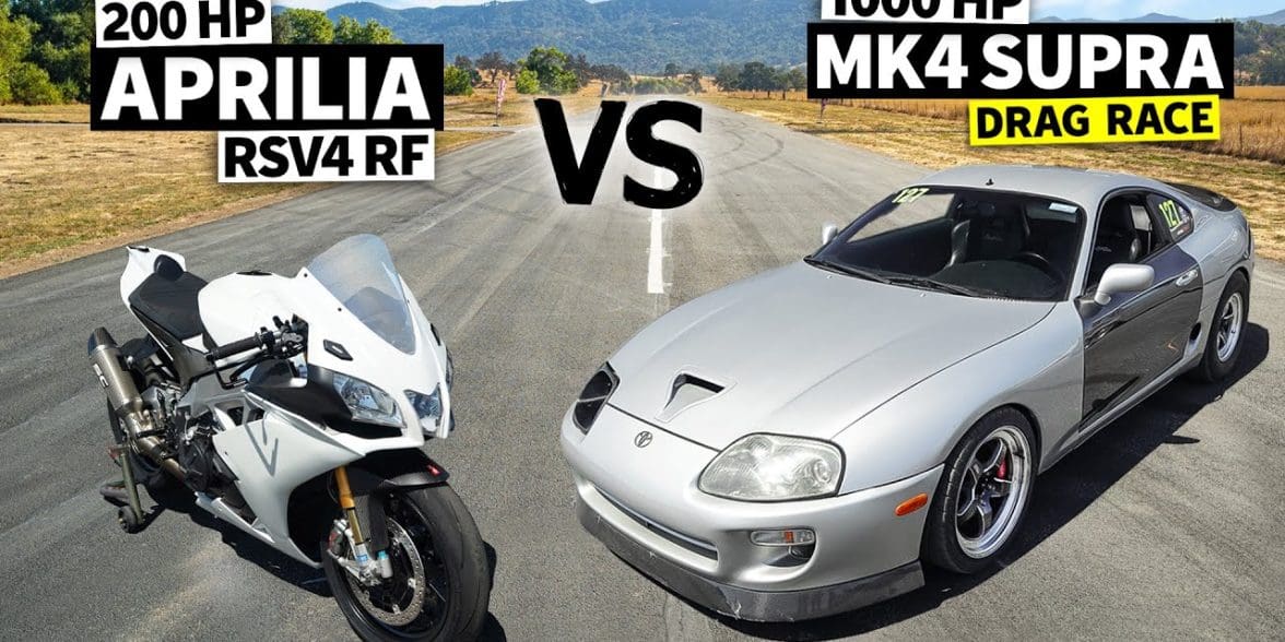 Aprilia RSV4 RF Takes On A 1000HP Toyota Supra Turbo In A Drag