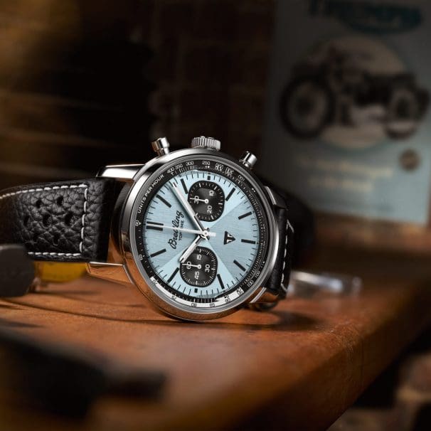 A view of the new chronograph by Breitling and Triumph: The Top Time B01 Triumph. Media sourced from Breitling and WatchTime.