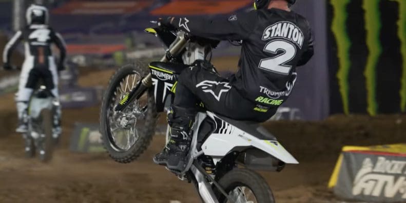 A view of Triumph's new MX 250, ridden out to the finale night of the 2023 SuperMotocross World Championship. Media sourced from Triumph's Youtube Video.