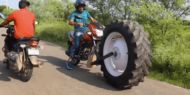 CrazyXYZ's coverage of a TVS Victor with a tractor tire for a front wheel. Media sourced from Youtube.