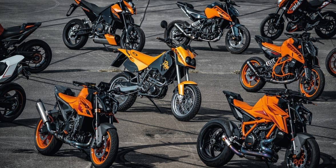 A group of KTM motorcycles.