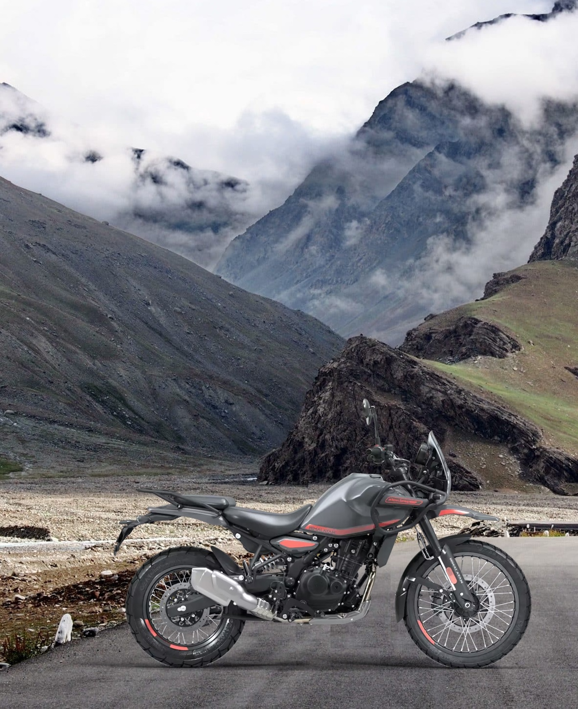 An adventure bike in front of mountains.