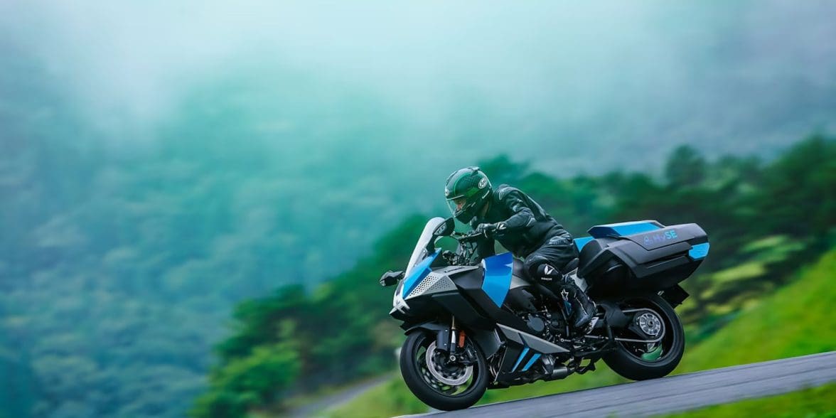 A view of Kawasaki's incubating hydrogen motorcycle, the Ninja H2 HySE.