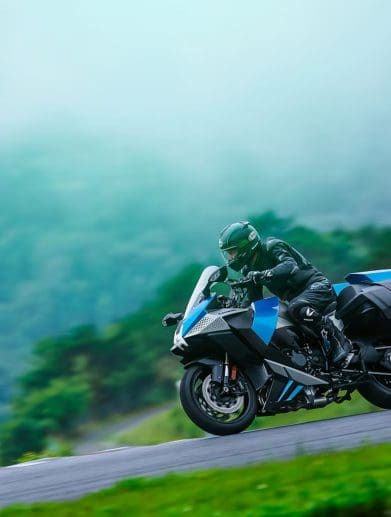 A view of Kawasaki's incubating hydrogen motorcycle, the Ninja H2 HySE.