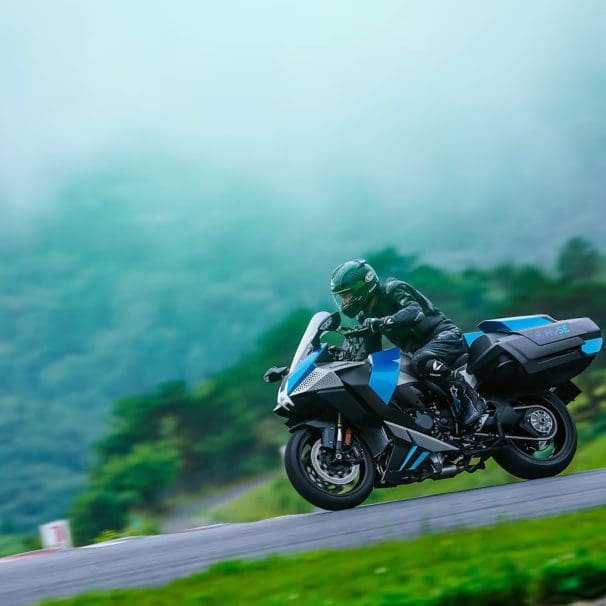 A view of Kawasaki's incubating hydrogen motorcycle, the Ninja H2 HySE.