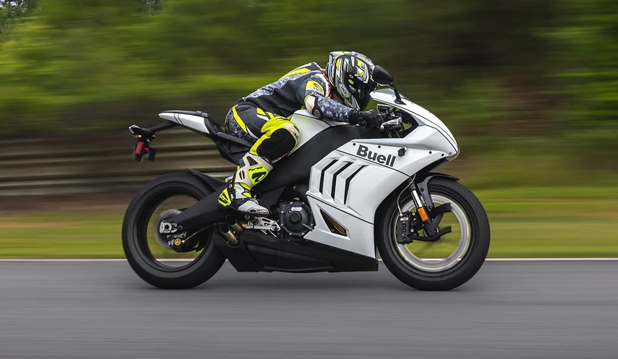 A rider on a Buell motorcycle.