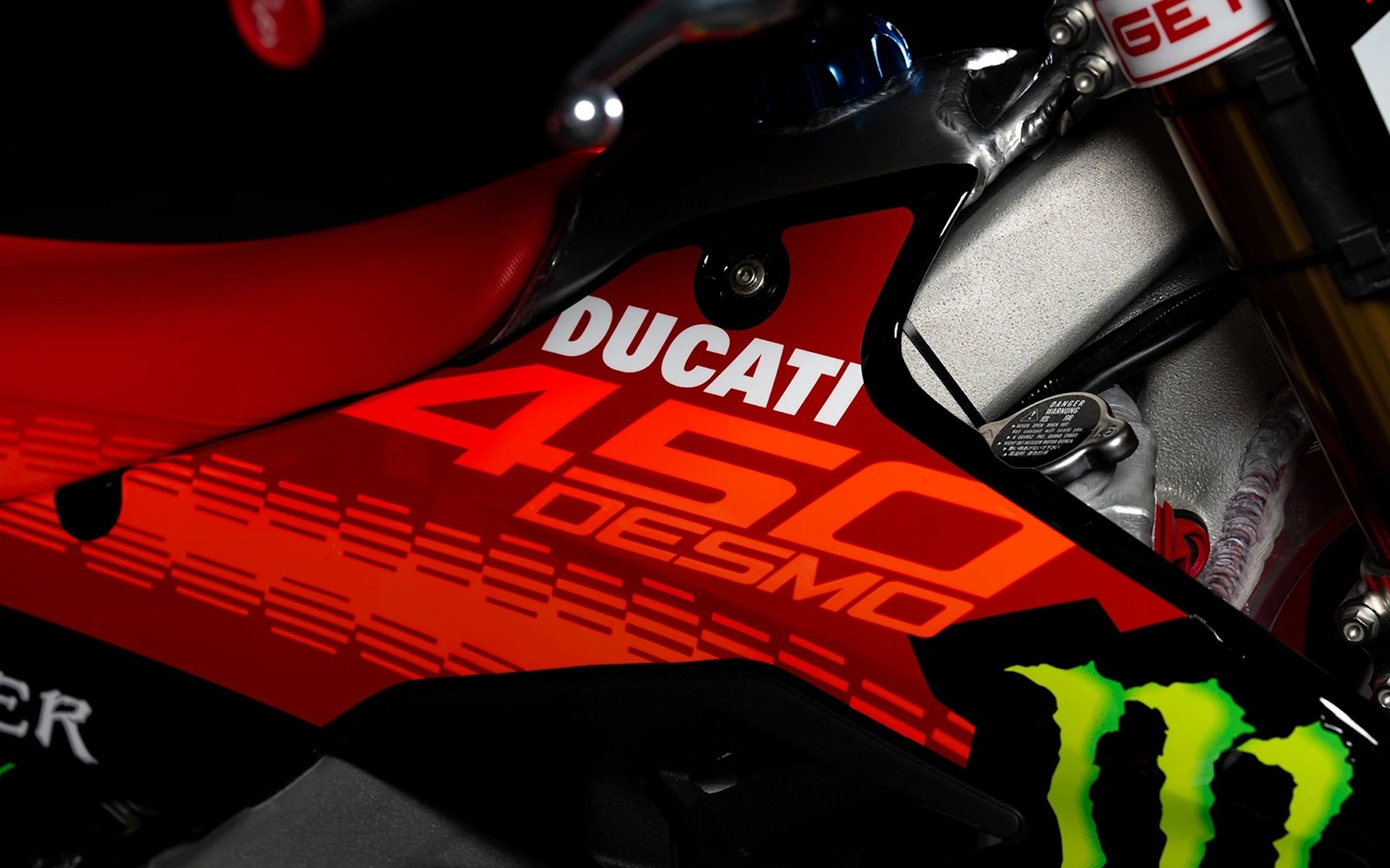 A close-up of a Ducati motorcycle. 