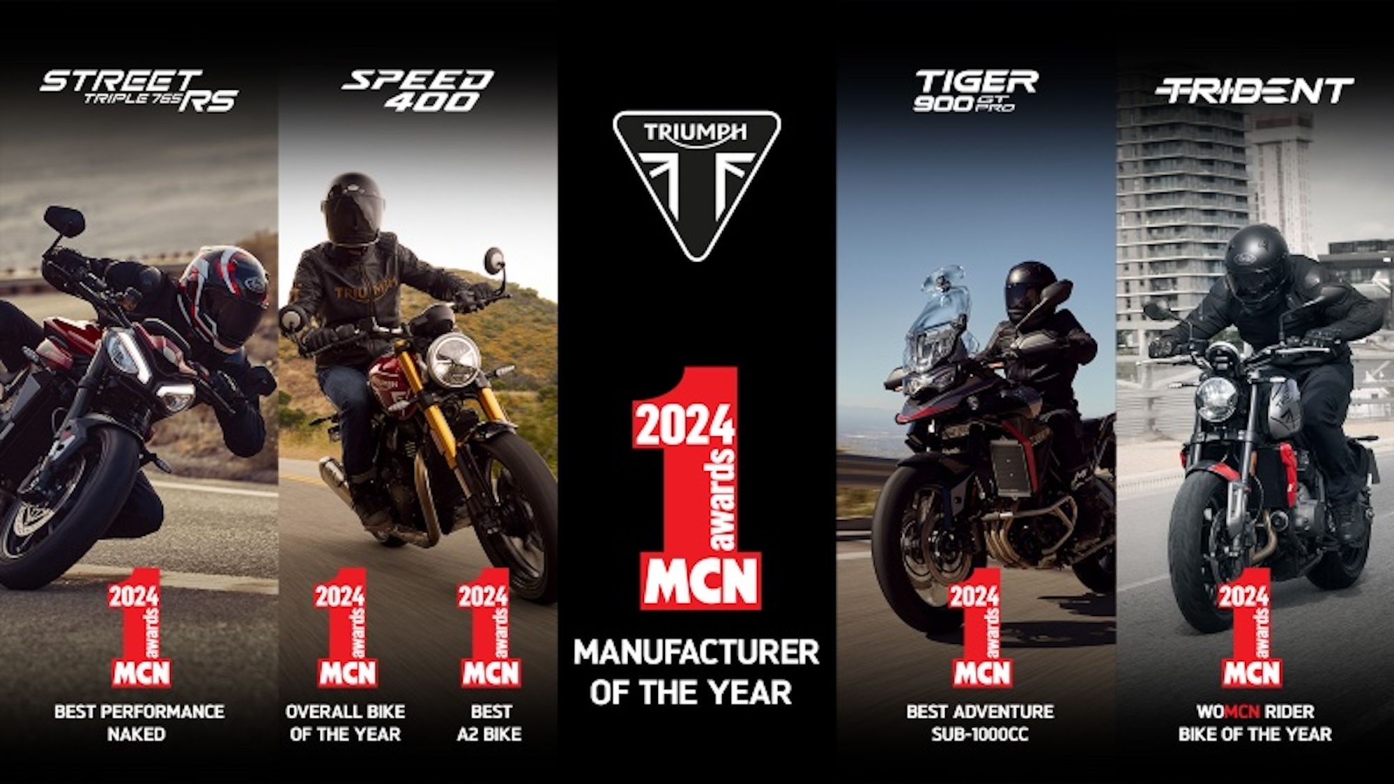 A view of awards won by Triumph motorcycles.