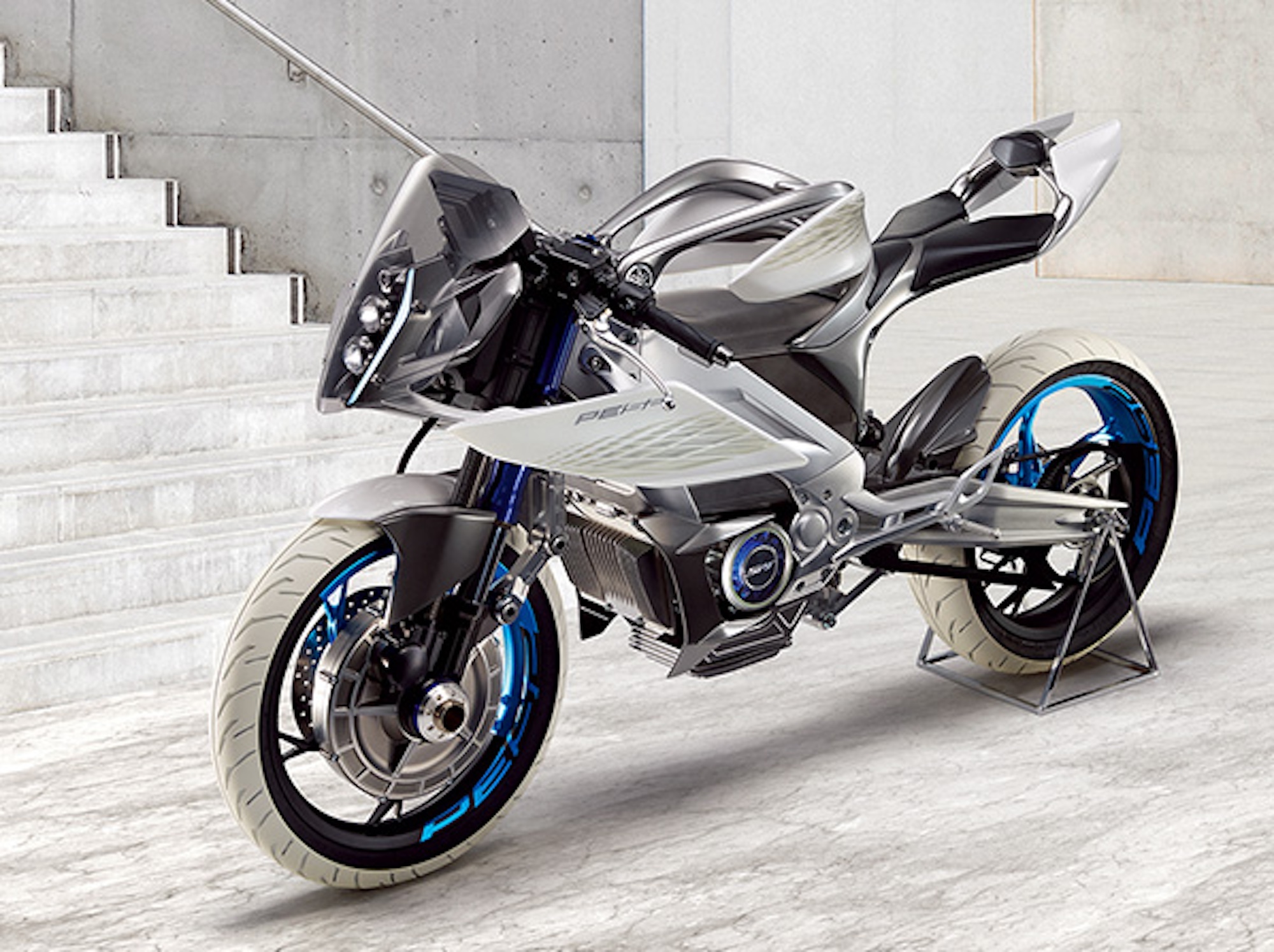 A view of an electric motorcycle concept by Yamaha.