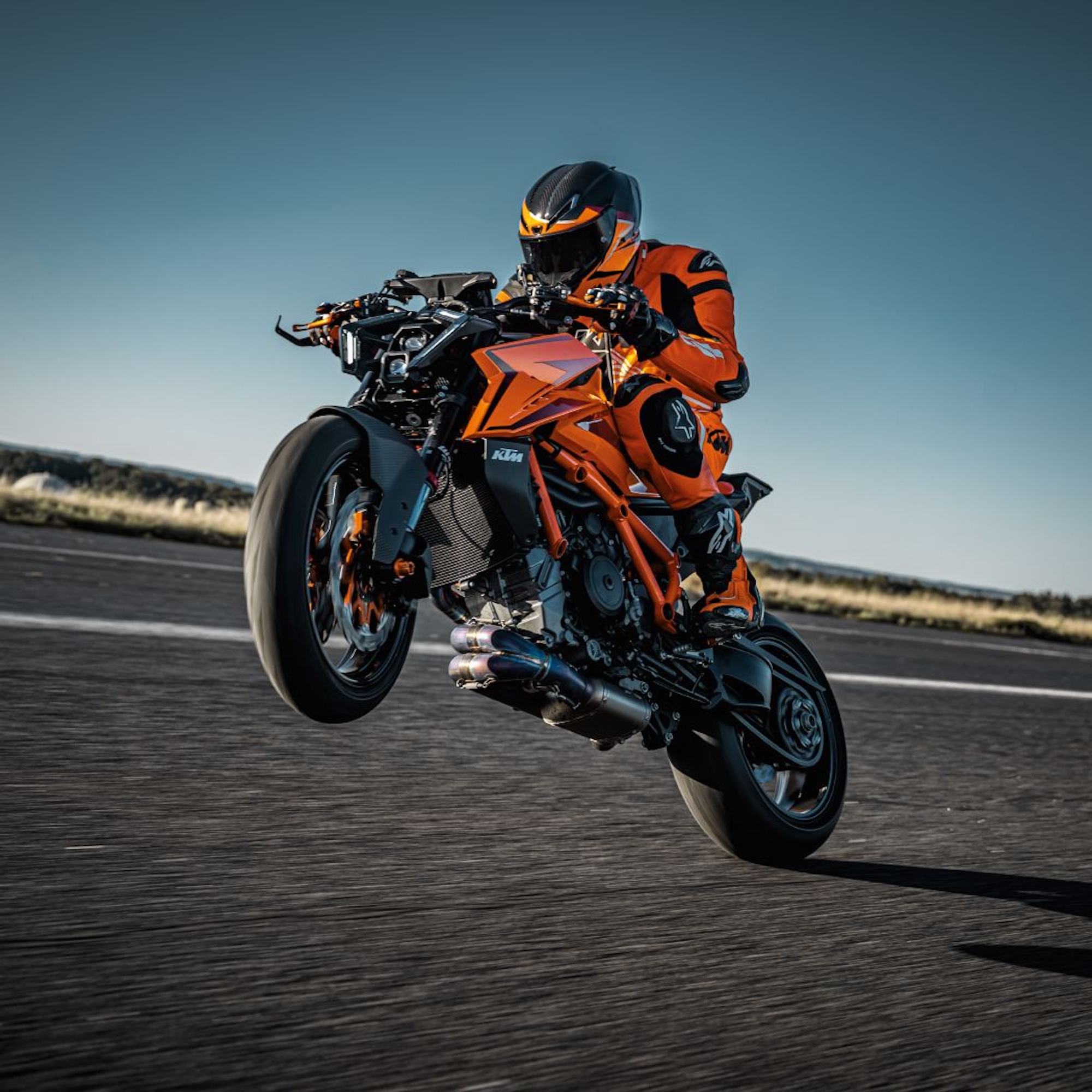 A view of a KTM 1390 Duke motorcycle.