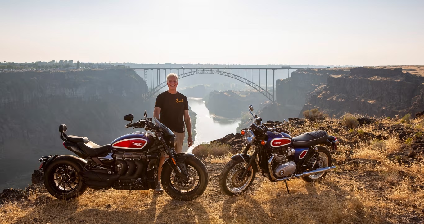 A view of Kelly Knievel with Triumph's Bonneville T120 and Rocket 3.