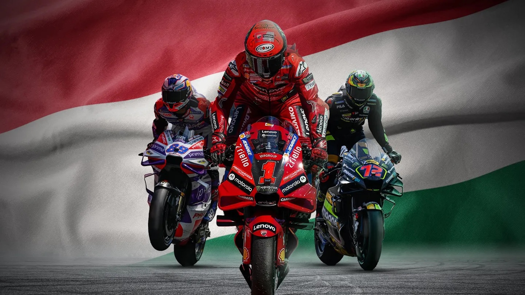 Three MotoGP racers in front of an Italy flag.