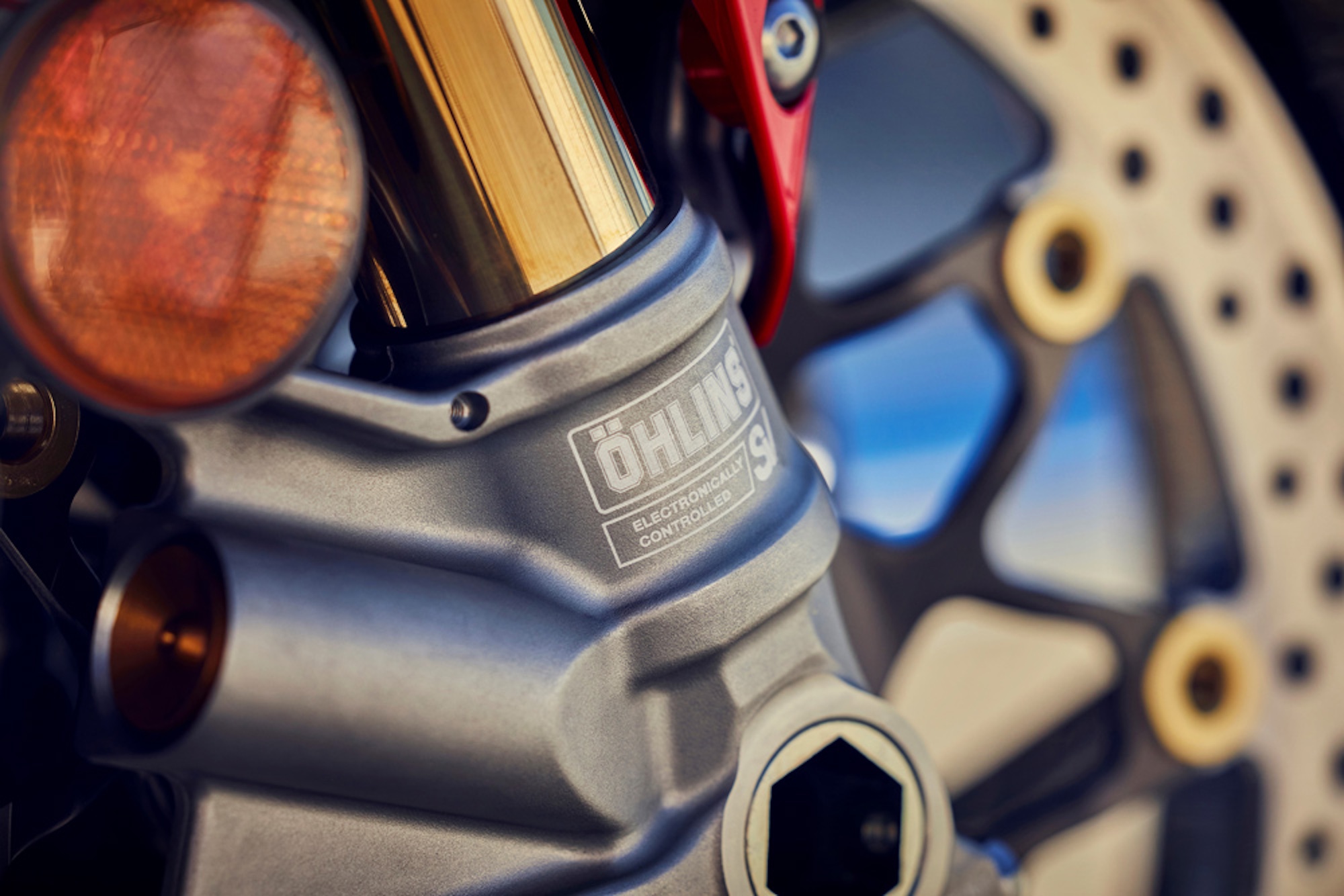 A view of Ohlins suspension systems.