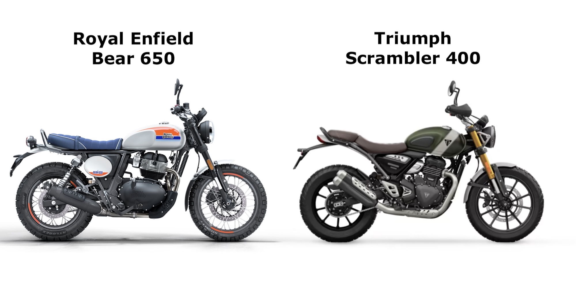 Royal Enfield's Bear 650 next to Triumph's 400X Scrambler.