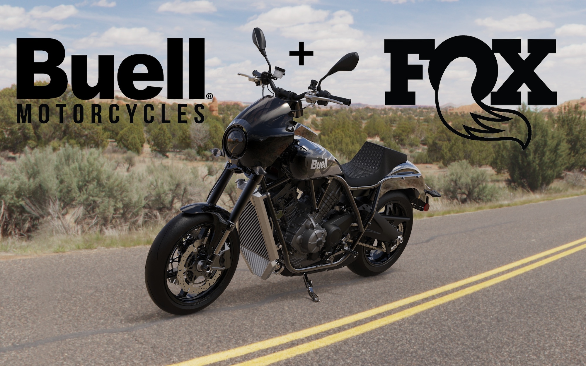 A view of Buell's Super Cruiser with the Buell and FOX logos on either side.