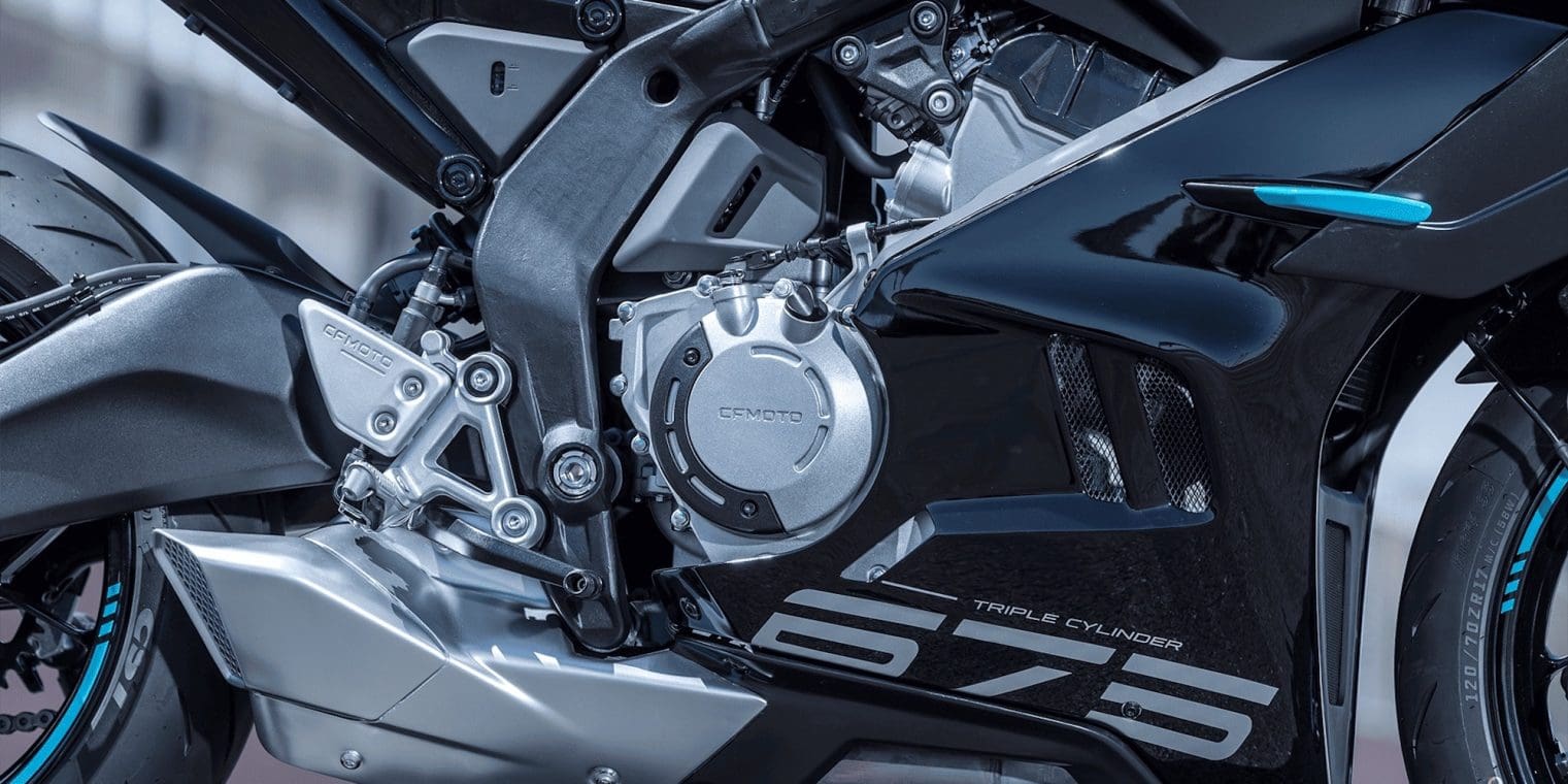 A view of the engine on CFMoto's 657SR-R.