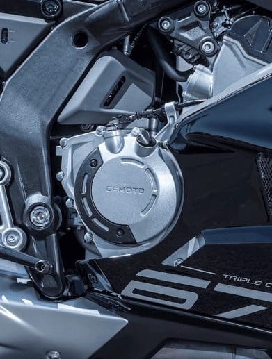 A view of the engine on CFMoto's 657SR-R.