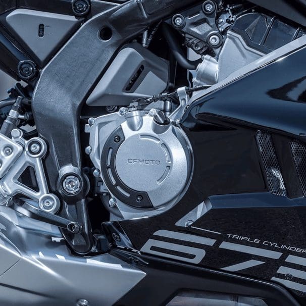 A view of the engine on CFMoto's 657SR-R.