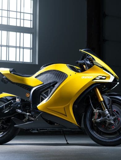 A view of Damon Motors' HyperSport electric Motorcycle.